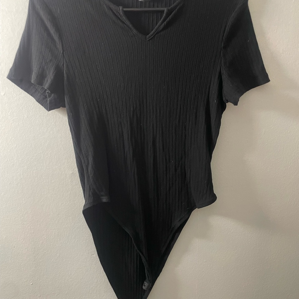 Black V-Neck Ribbed Bodysuit